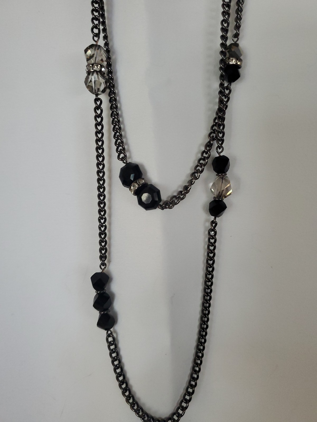 Black Beaded Chain Long Necklace Jet Tone Beads