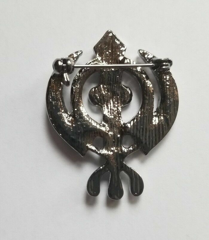 Stunning Diamonte Black Gun Metal SIKH KhandaPoppy Singh Kaur Khalsa Brooch Pin