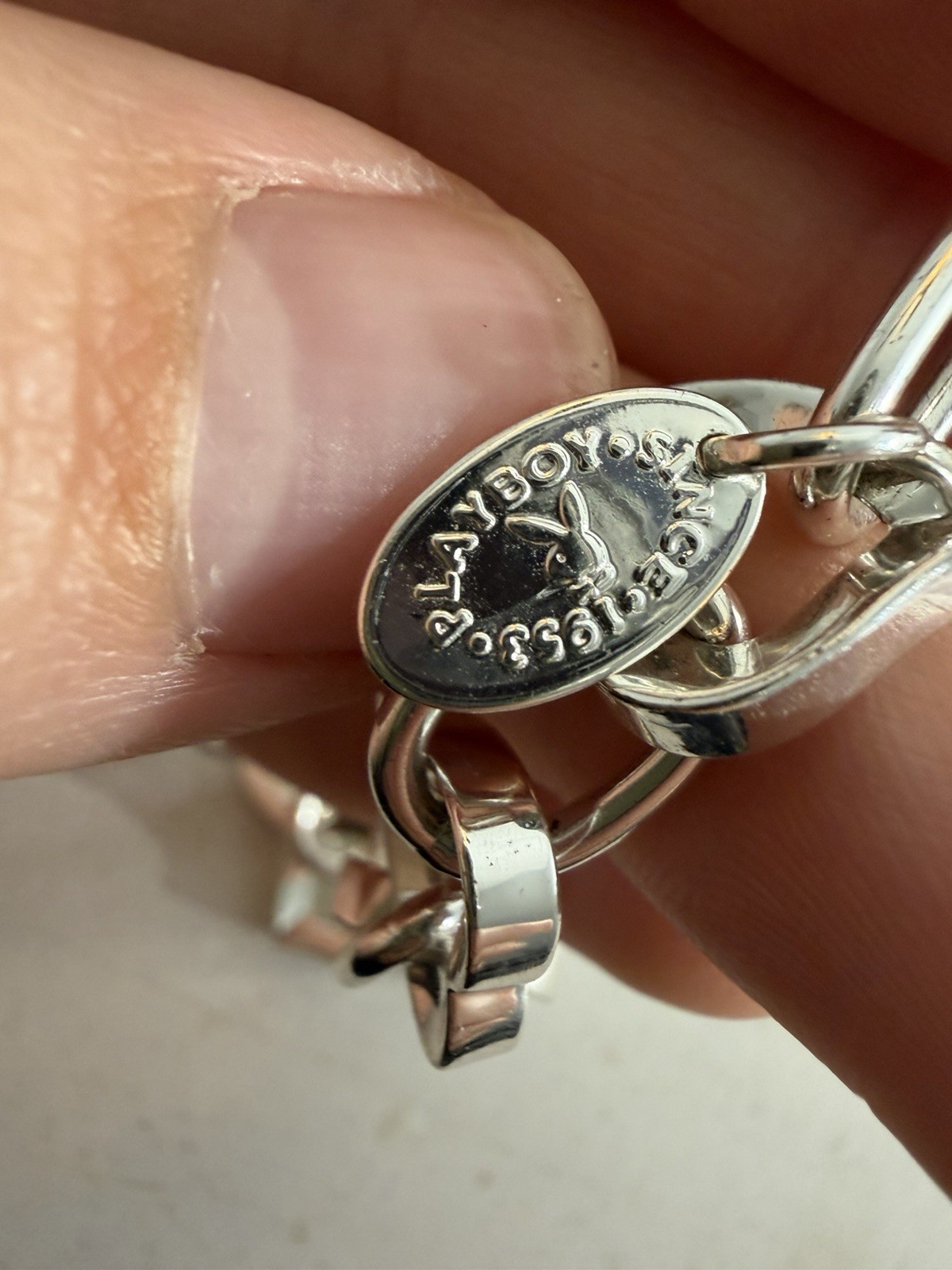 Playboy Silver Tone Charm Bracelet Bunny Dangle Blue Crystal Toggle 8″