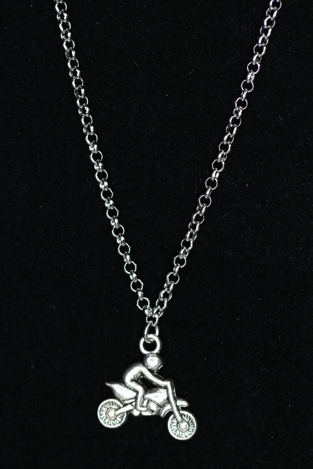 Dirt Bike Necklace Silver Pewter Charm 1″ Pendant 3mm Stainless Chain 18″ Biker