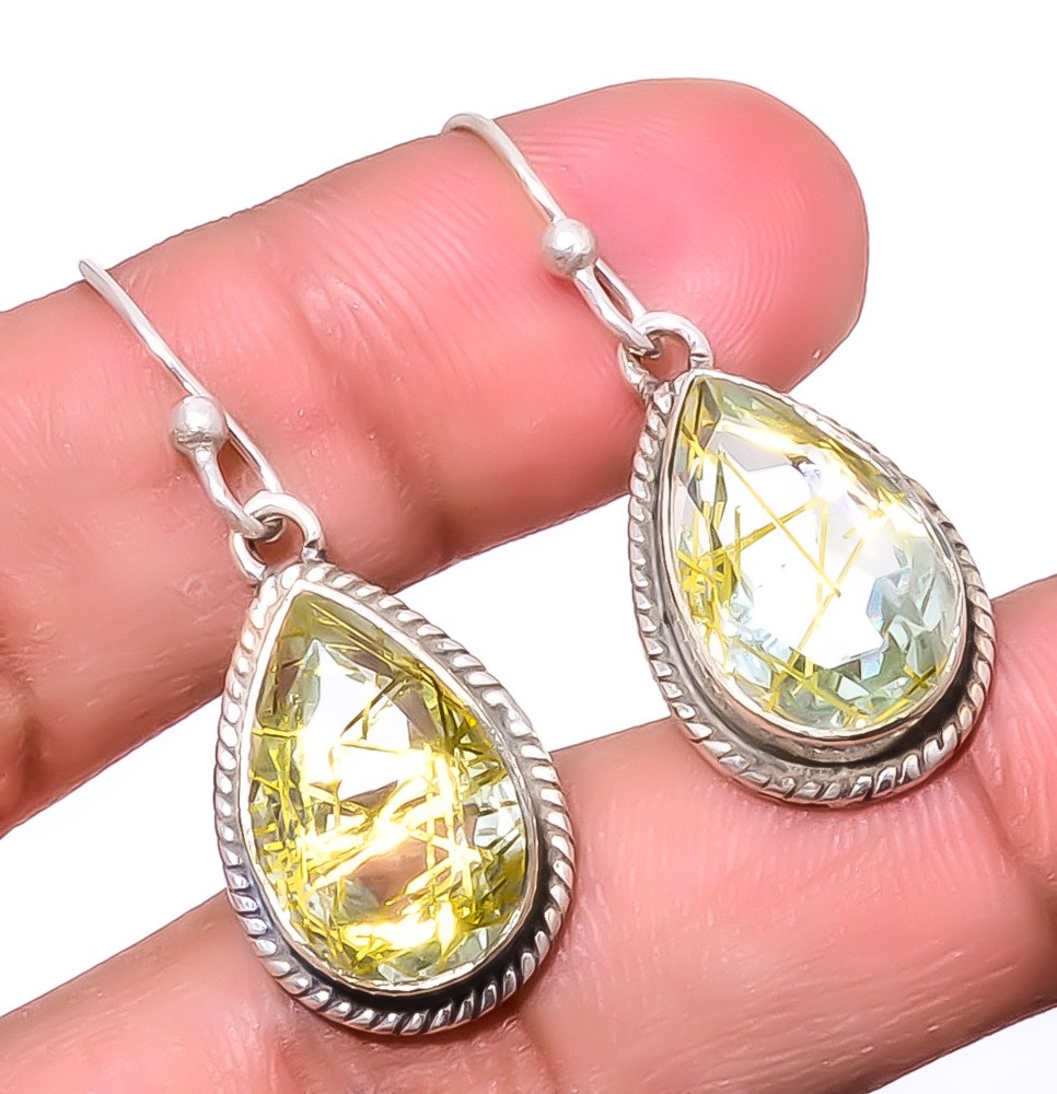 Golden Rutilated Quartz Handmade Silver Plated Bali Earring 1.37″ A68
