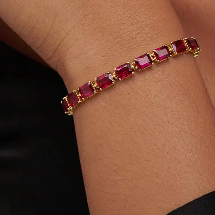 Genuine Red Ruby Gemstone Silver Tennis Bracelet, AAA Ruby Gemstone 925 Sterling