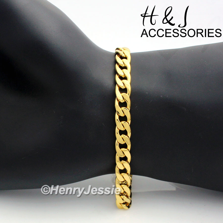 7″-11″MEN WOMEN Stainless Steel 7mm Gold Plated Cuban Curb Link Chain Bracelet