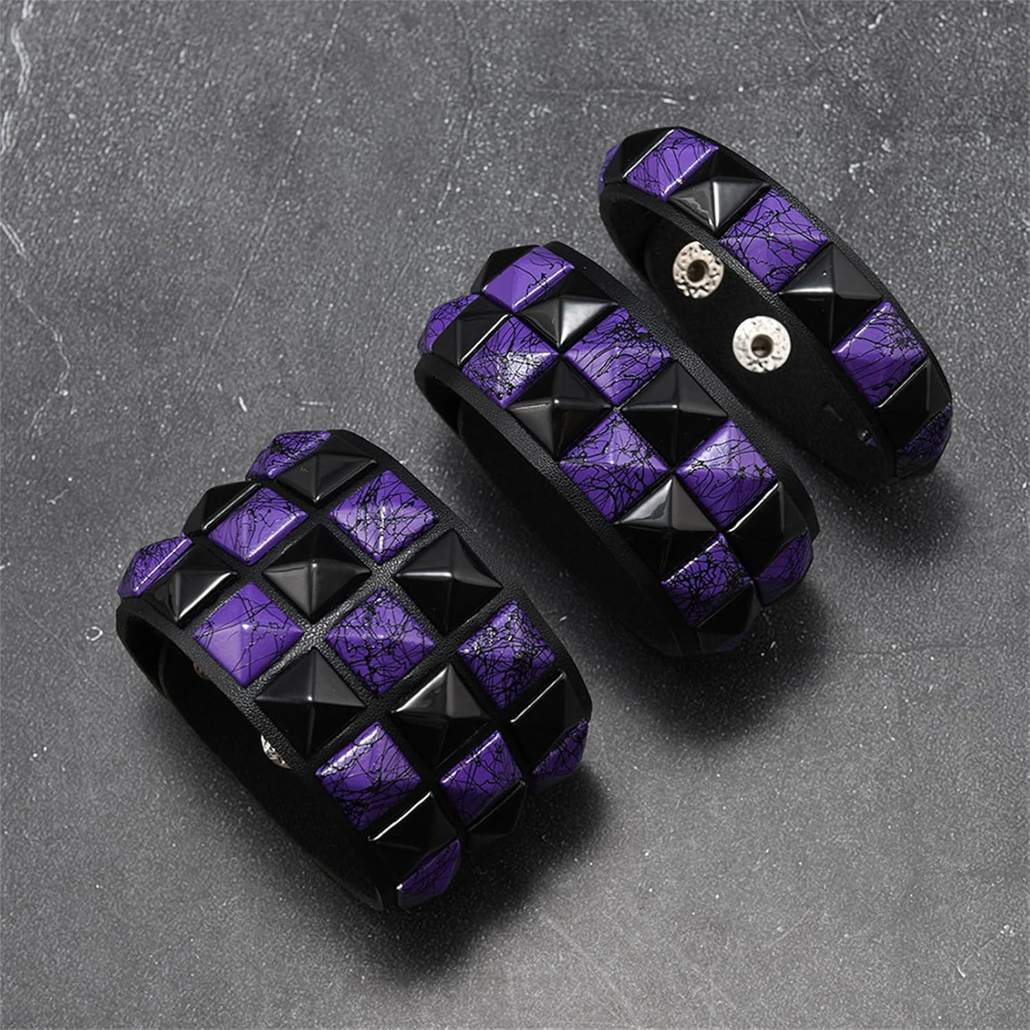 Gothic Punk Checkered Bracelet Set PU Leather Wristbands 3 Pack Balck & Purple