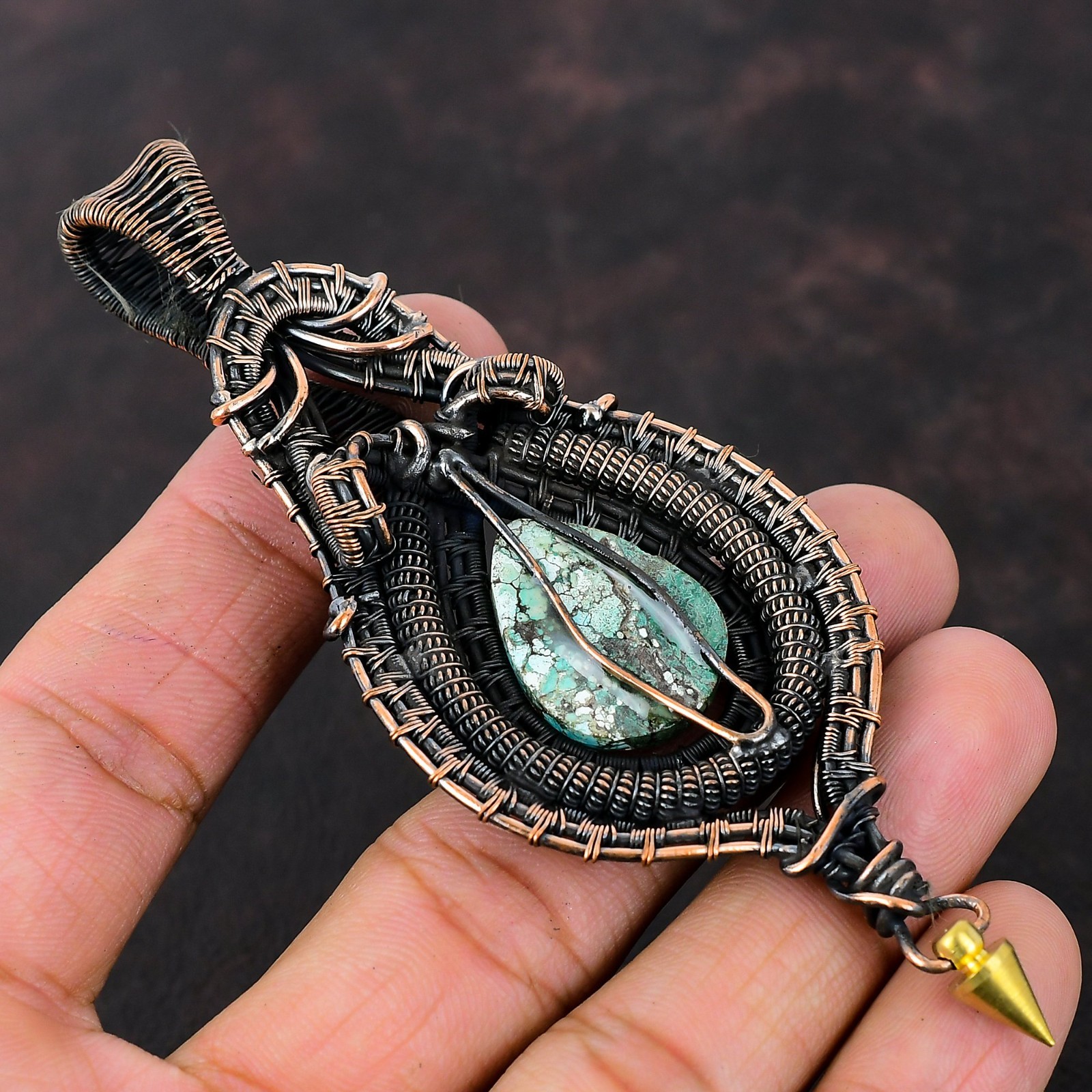 Tibetan Turquoise Gemstone Copper Wire Wrapped Handcrafted Wife Pendant Jewelry