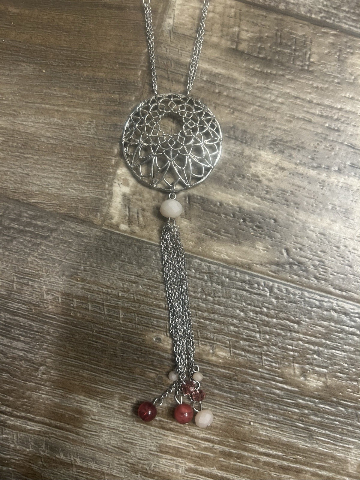 Silver Tone Round Filigree Tassel Pendant Cable Chain Necklace Pink White Beads
