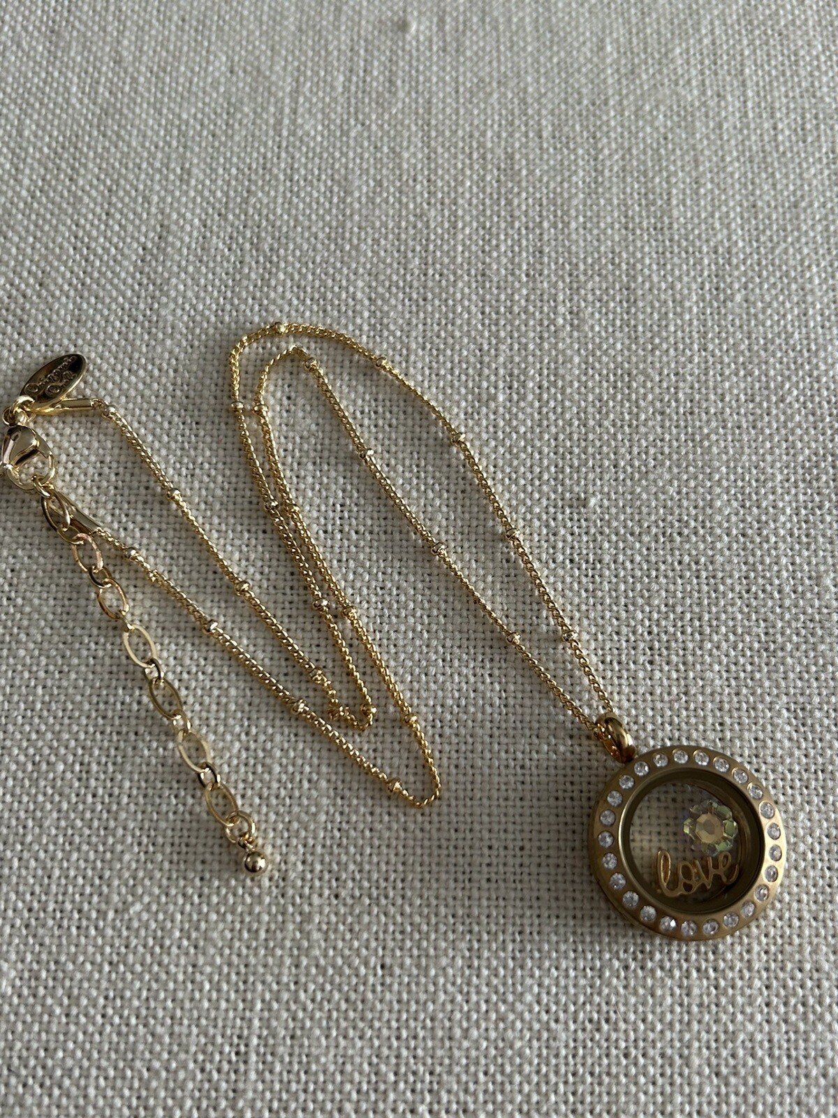 Origami Owl Gold Crystal Mini Locket w/Charms & 16-18″ Ball Station Chain “New”
