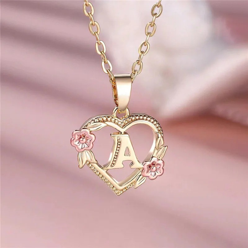 Gold Initial Letter Flower Pendant Necklace For Women Girls A-Z Alphabet Gift