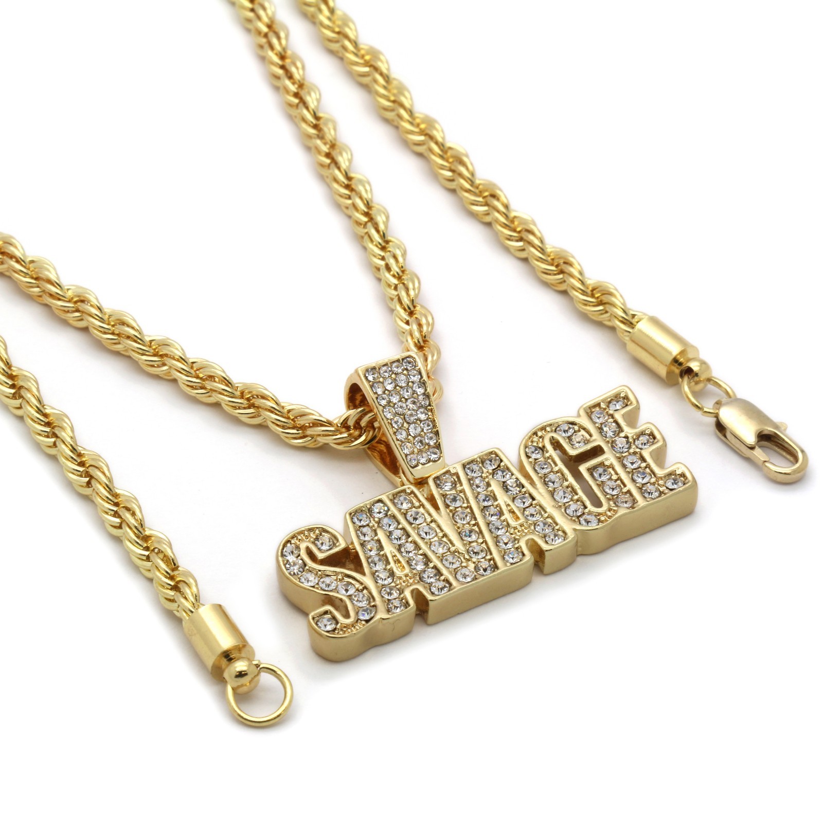 Mens 14k Gold Plated SAVAGE Cubic-Zirconia Pendant 4mm Rope Chain Necklace