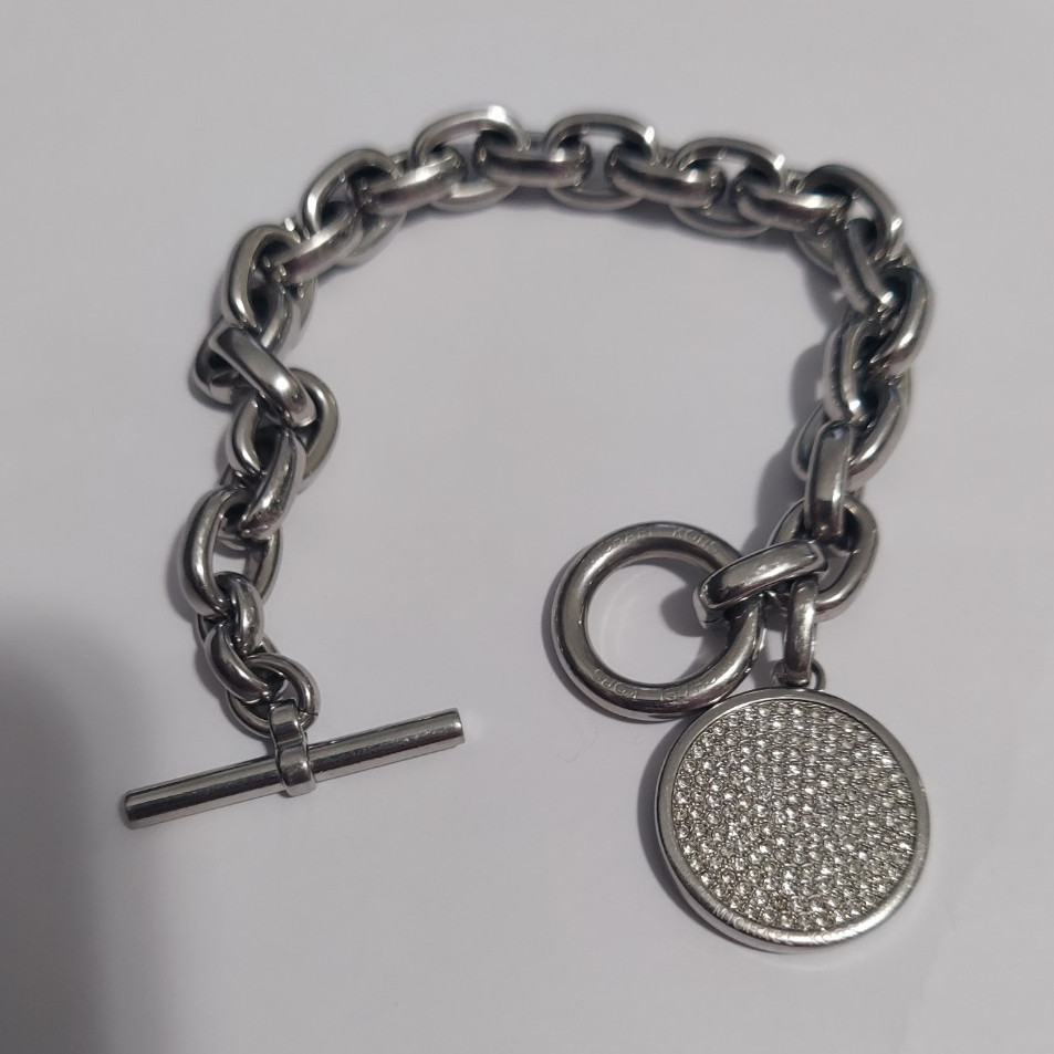Michael Kors Fossil Silver Stainless Steel Toggle Charm Bracelet 7 in