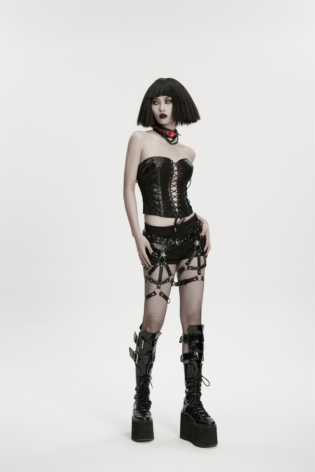 PUNK RAVE PUNK RAVE Gothic Punk Leg Harness Garter Belt Black Faux Leather