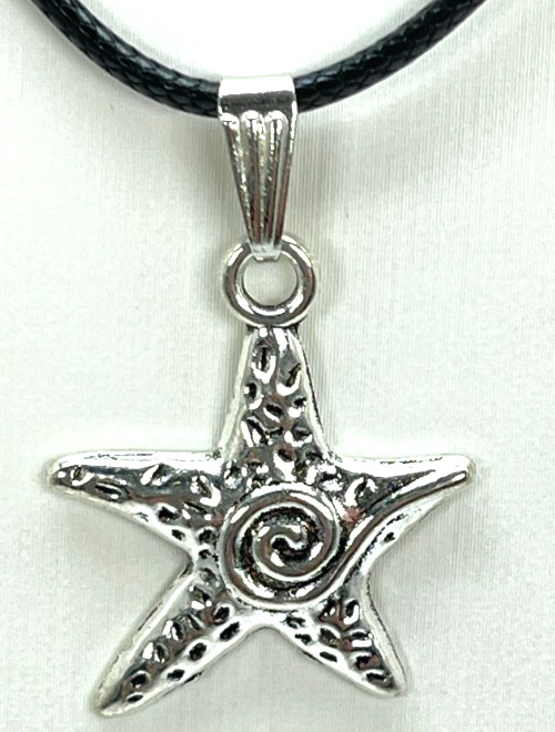 Necklace Silver Tone Starfish Hanging on a Black Cord 18″ + 2″