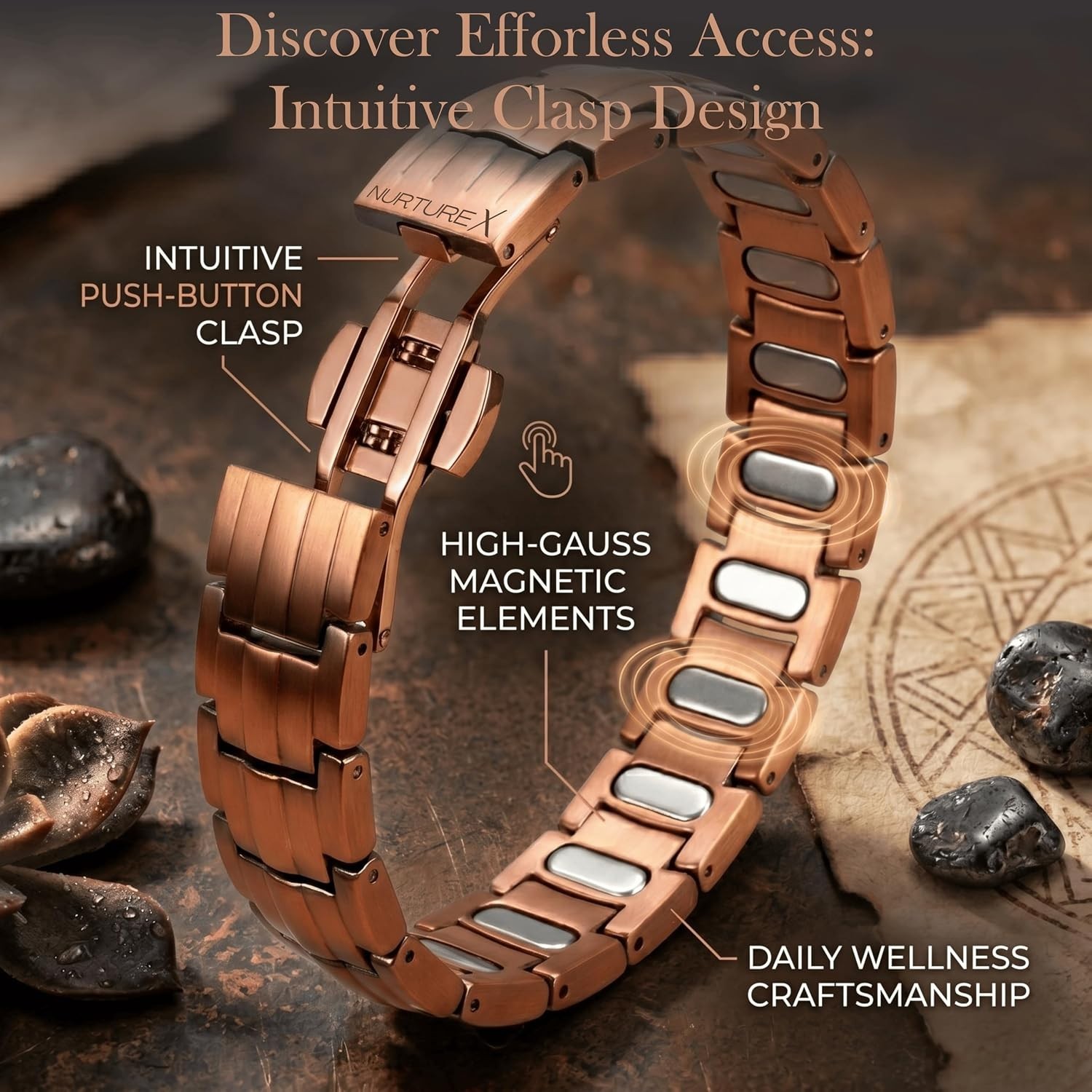 Men’s 10,000 Gauss Adjustable Copper Magnetic Bracelet with Easy Fold Over Clasp