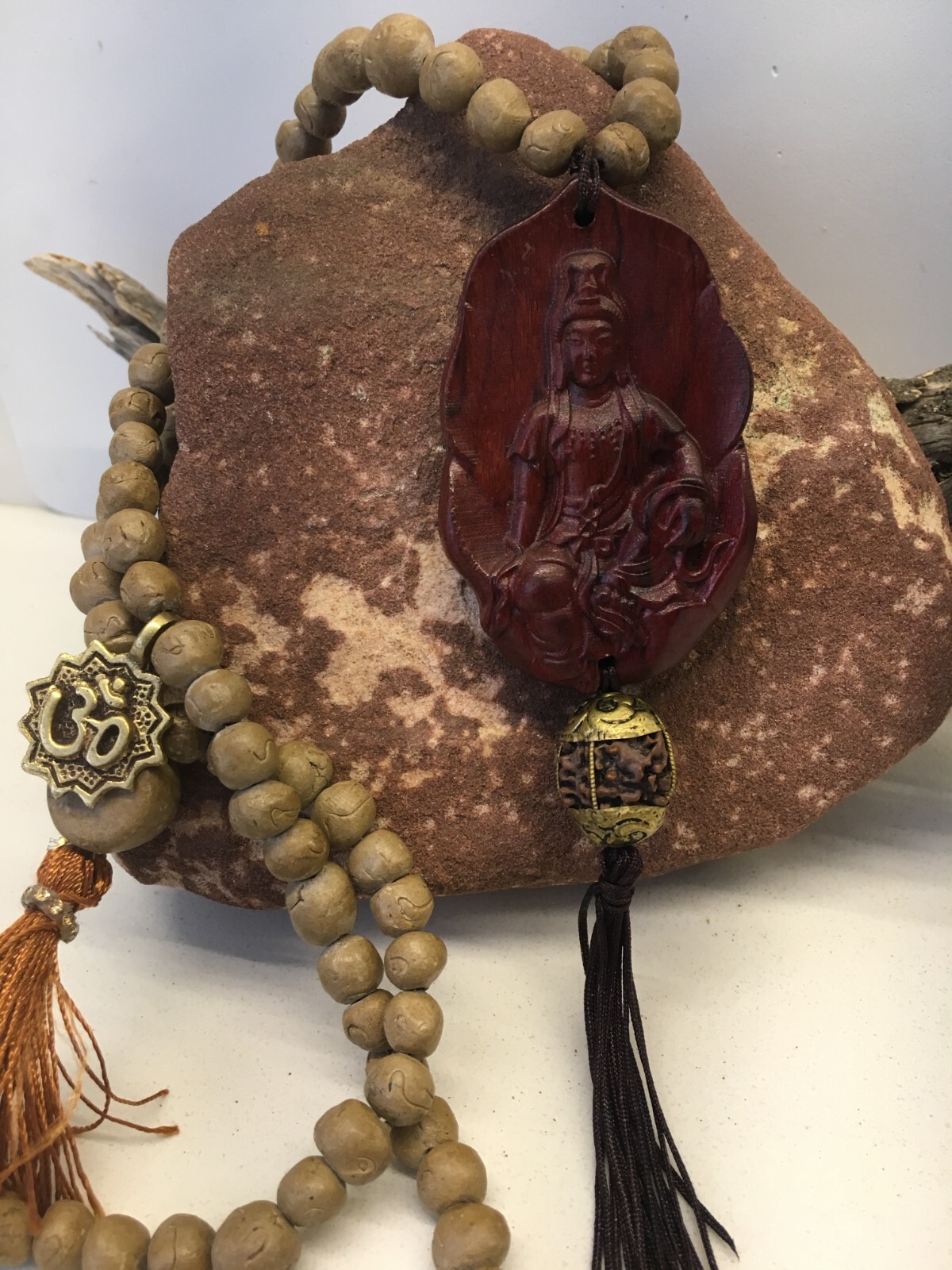 Handcrafted Mala Necklace with Guanyin & Rudraksha Guru Bead