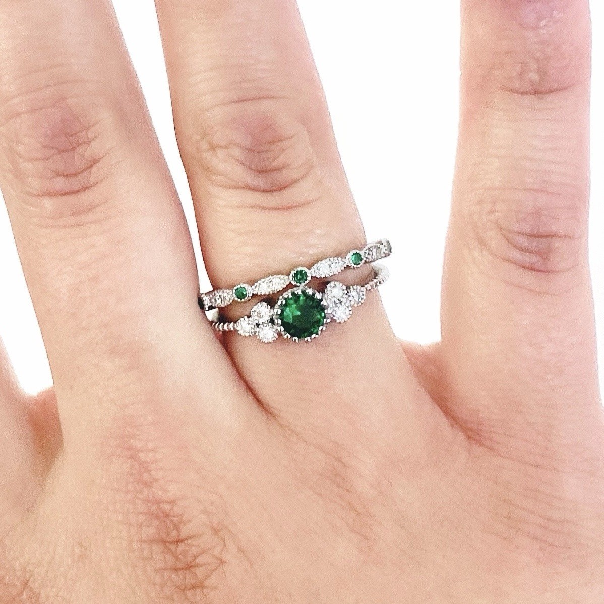 Sterling Silver 925 Ring Set Green Emerald Cubic Zirconia Size 9 Womens