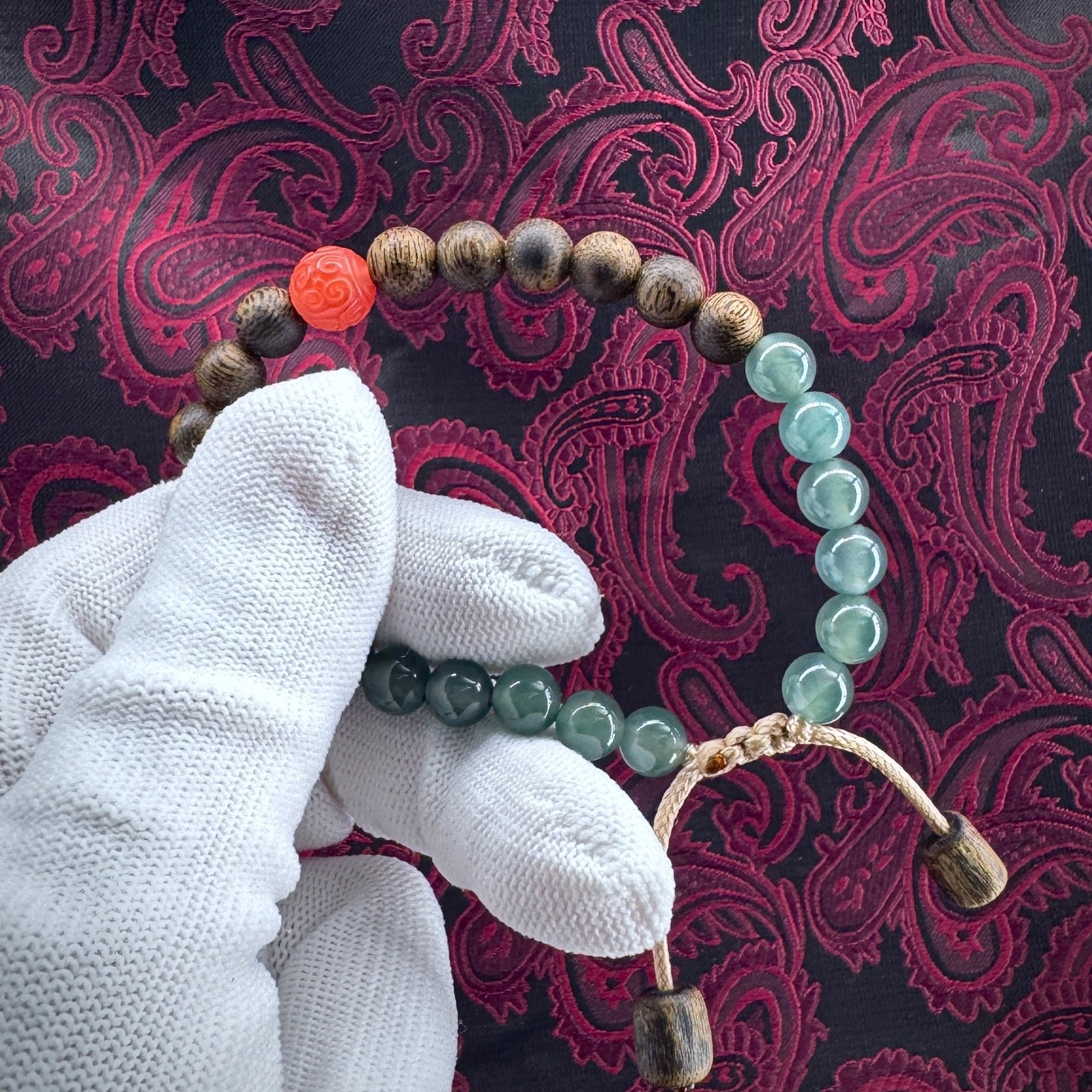 Aromatic Bracelet w Blue Guatemalan Jade Agarwood Nanhong South Red Agate 26M005