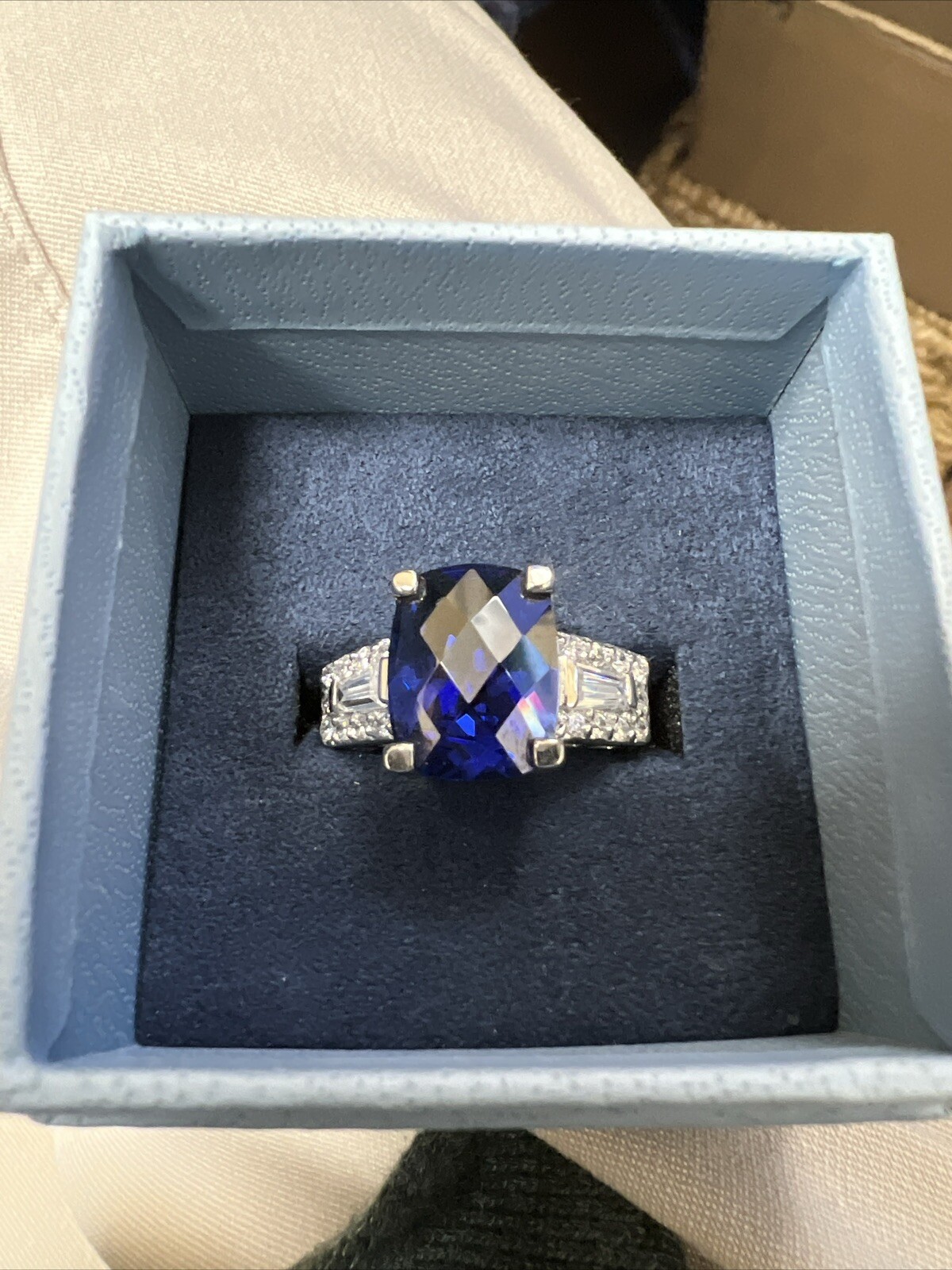 Size 6 ring Sim 9.66 Ct. Blue Tanzanite w/ Sim Diamonds Ritodium over S/S
