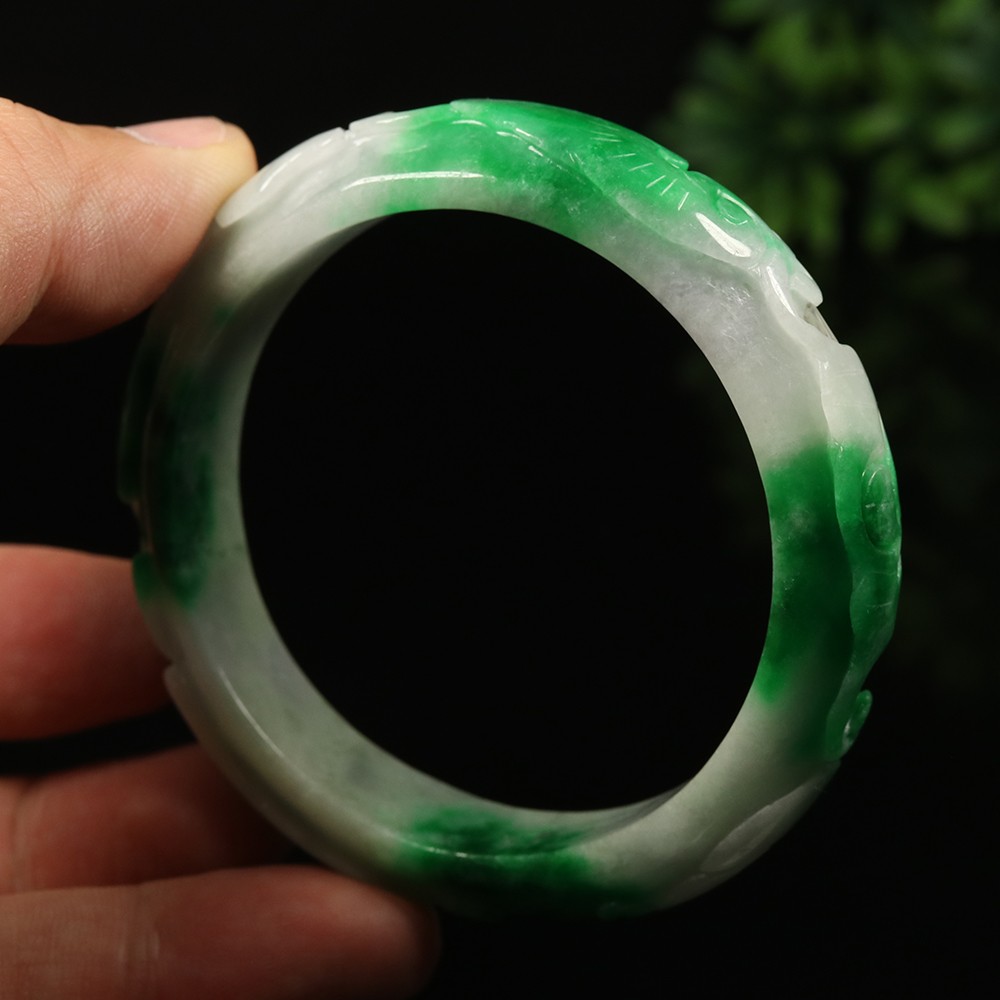 58mm White Emerald Green Jadeite Jade Bracelet Bangle Ruyi Rabbit Bat A-14597