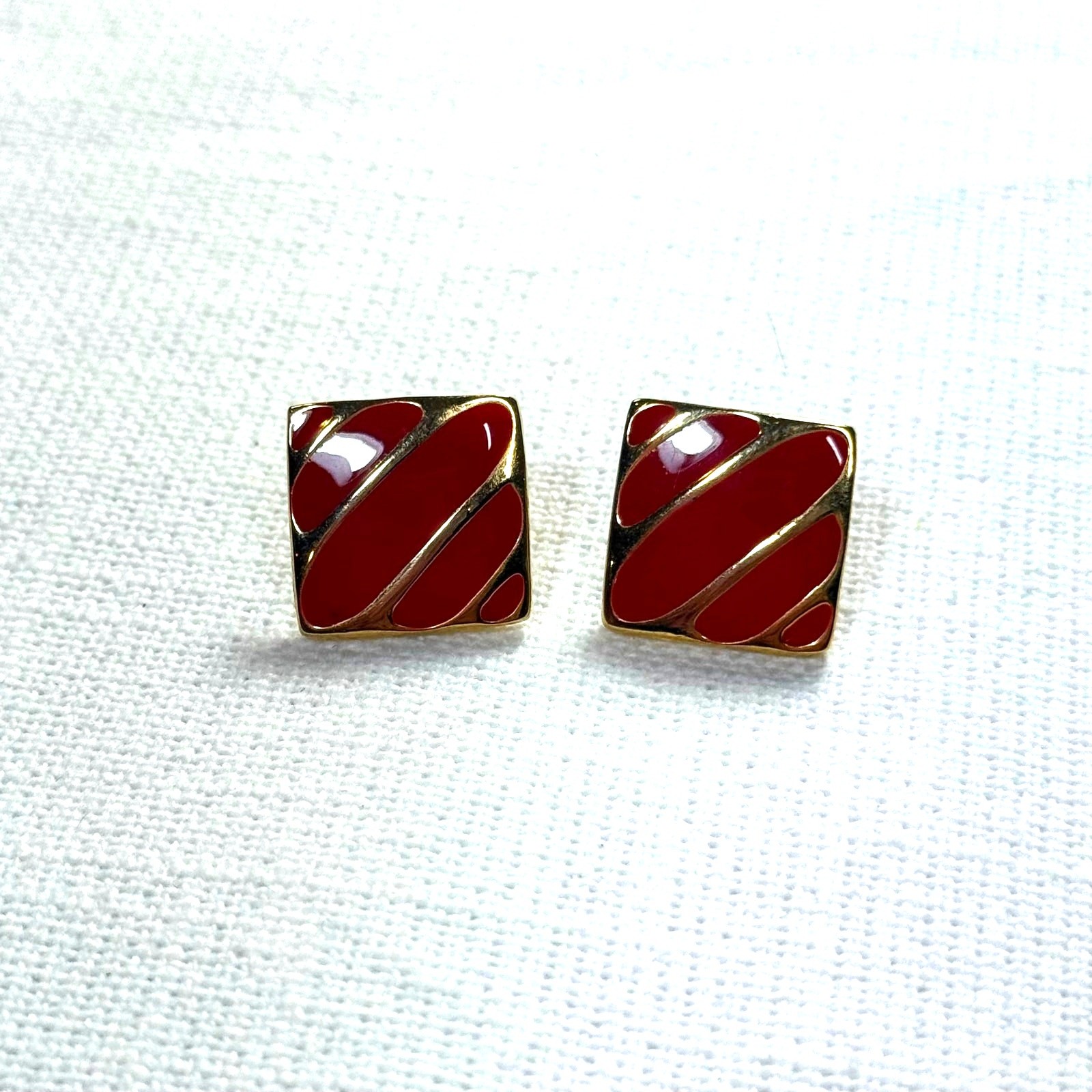 Vintage Red Enamel Square Earrings | Gold Tone Studs | No Maker Mark
