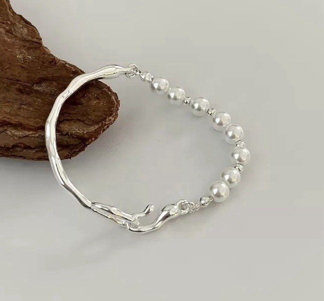 Pearl Open Cuff Bracelet Irregular Wave Bangle Asymmetrical Pearl Bracelet 008