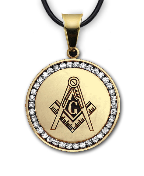 Gold Plated Stainless Steel Masonic Freemason Pendant. CZ w/ Square and Compass