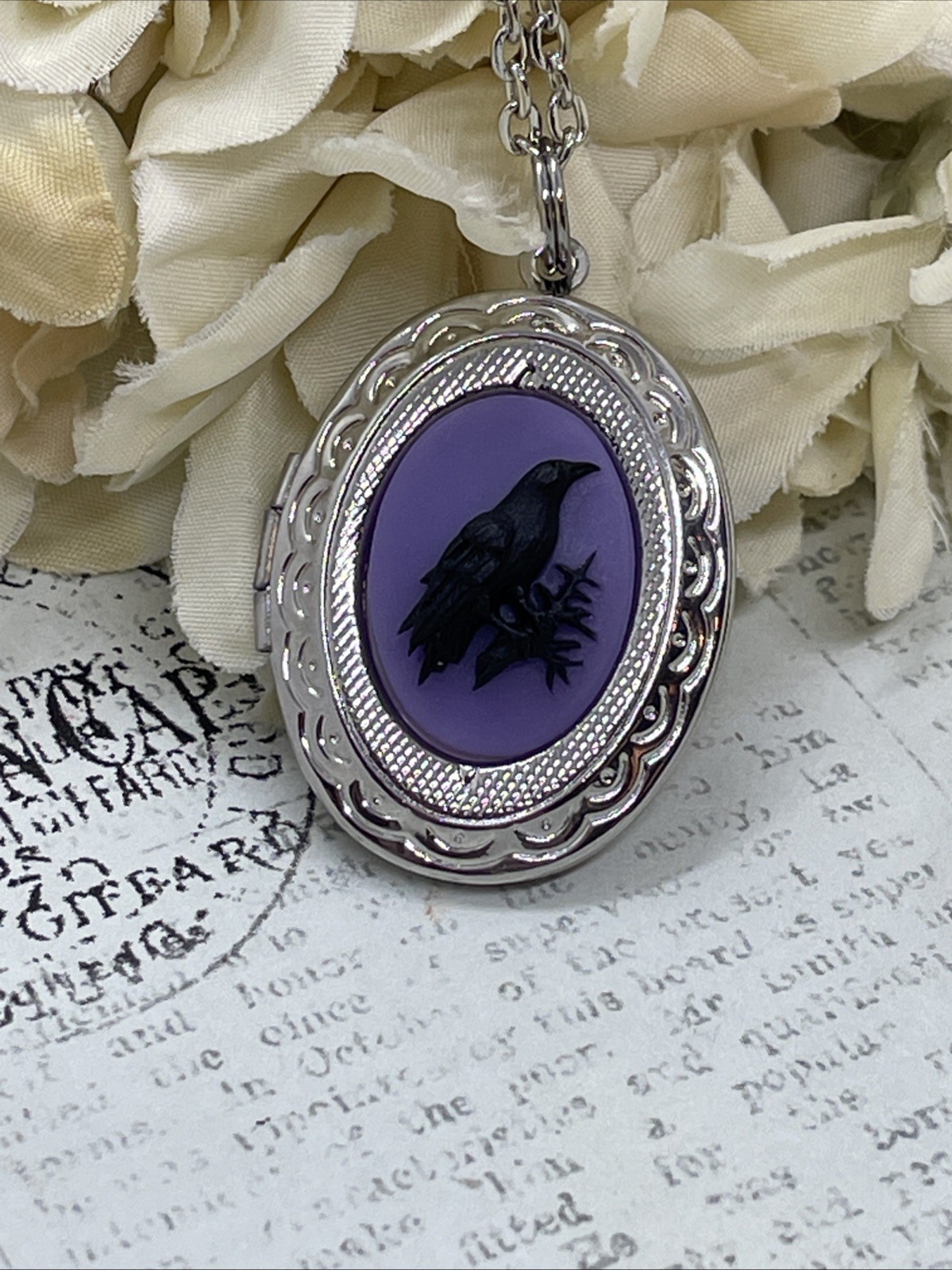 Silver Raven Black Purple Crow Locket Necklace Pendant Gothic Wedding Festival