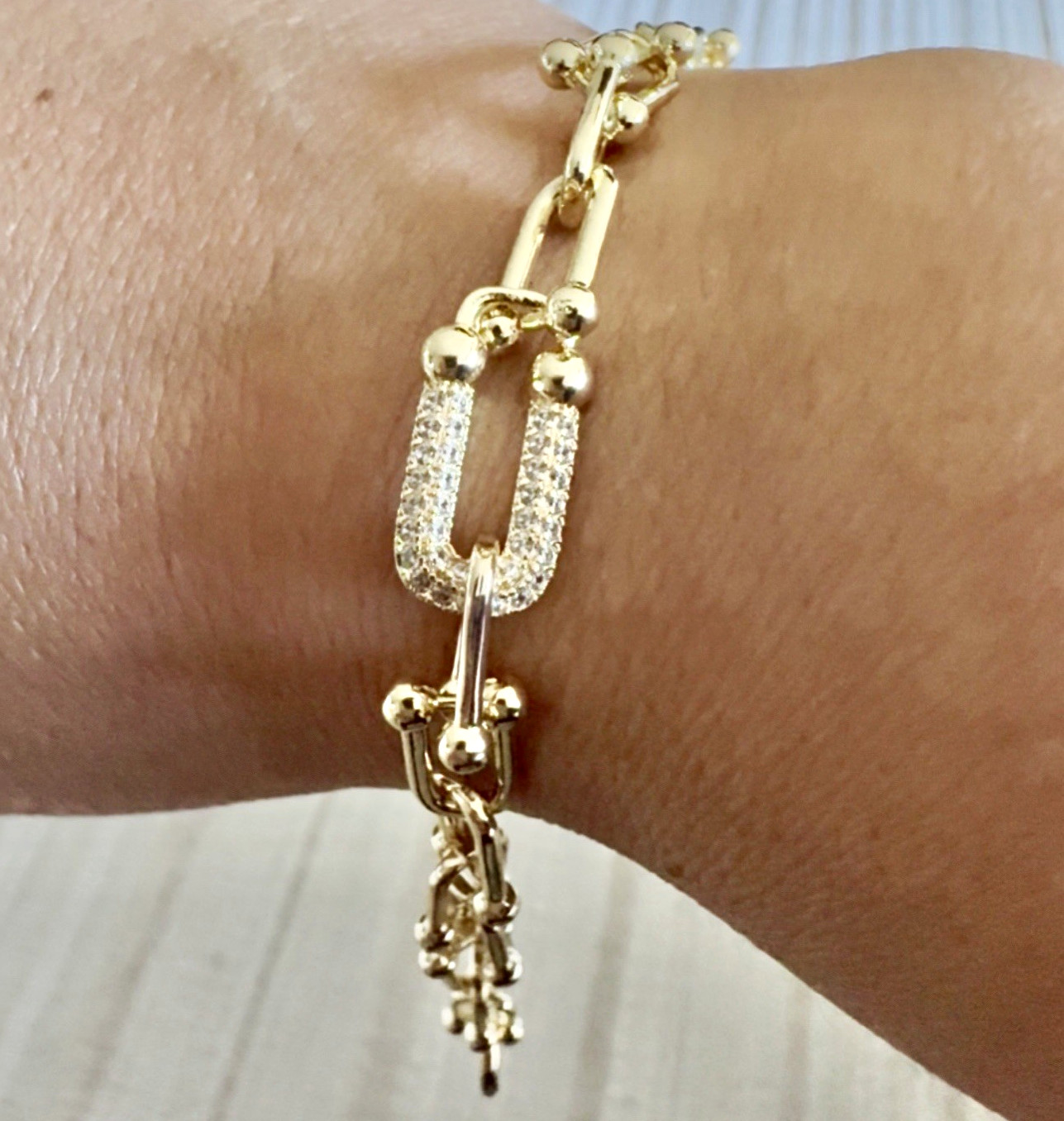 Oro Laminado Gold Filled U-Link CZ Bracelet 7” Made in Italy