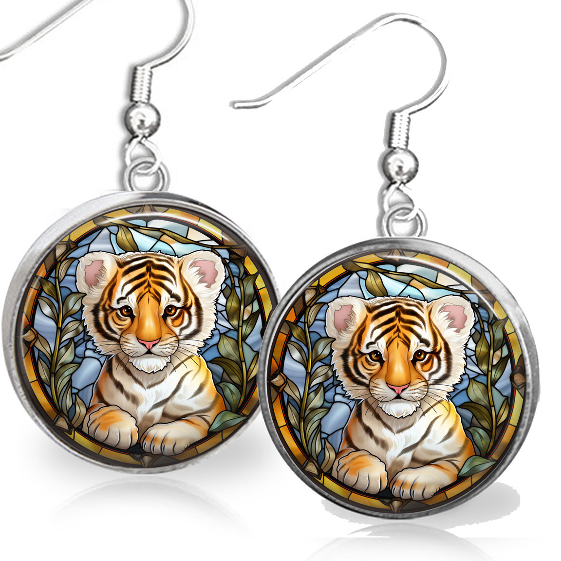 Sweet Tiger Cub Faux Stained Glass Art Print .925 Sterling Earrings Big Cat Gift