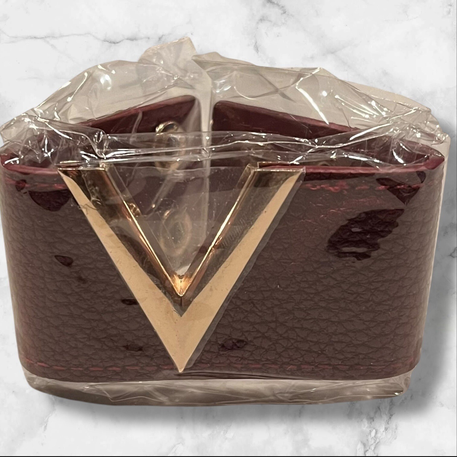 Women’s Burgundy PU Leather Bracelet With Gold “V” Detail & Snap Closure