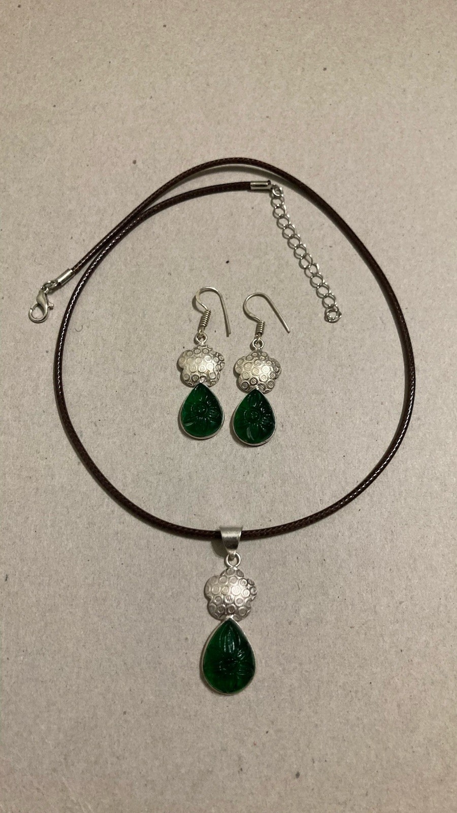 Green Chromium Diopside Earrings Necklace Pendant Jewelry Set Flower Teardrop