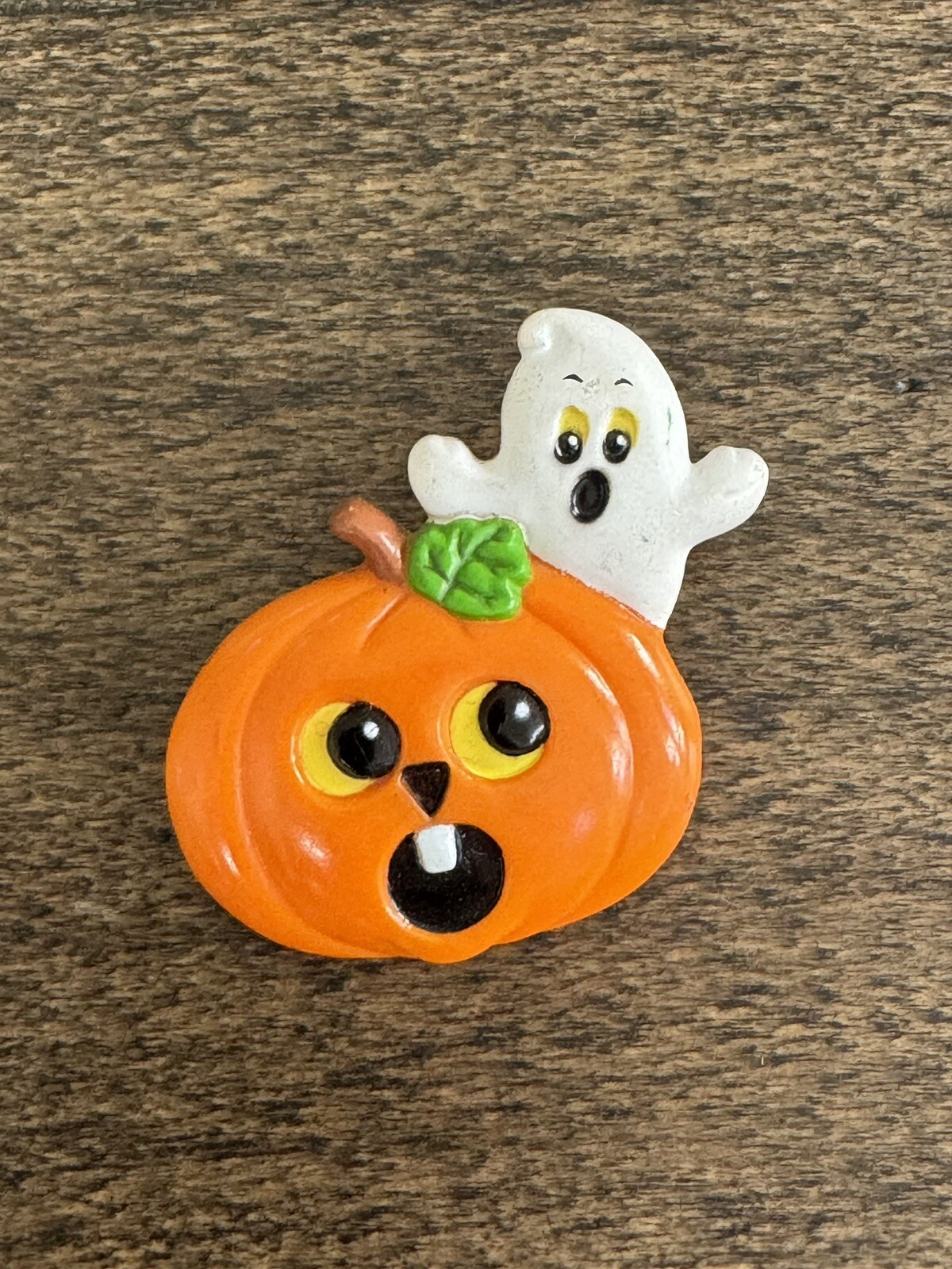 Vintage Lot Of 2 Halloween Pumpkin Ghost Witch Broom Pins Brooches Russ 1.5”