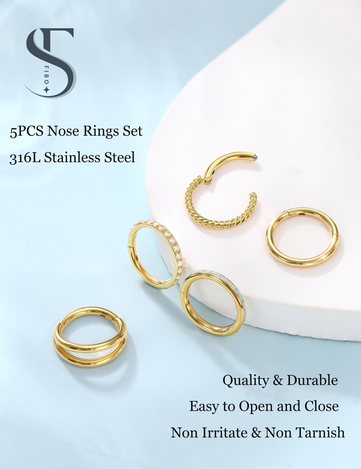 Jstyle 5Pcs 18G 16G Surgical Steel Nose Rings Hoop for Women Opal CZ Clicker Hin