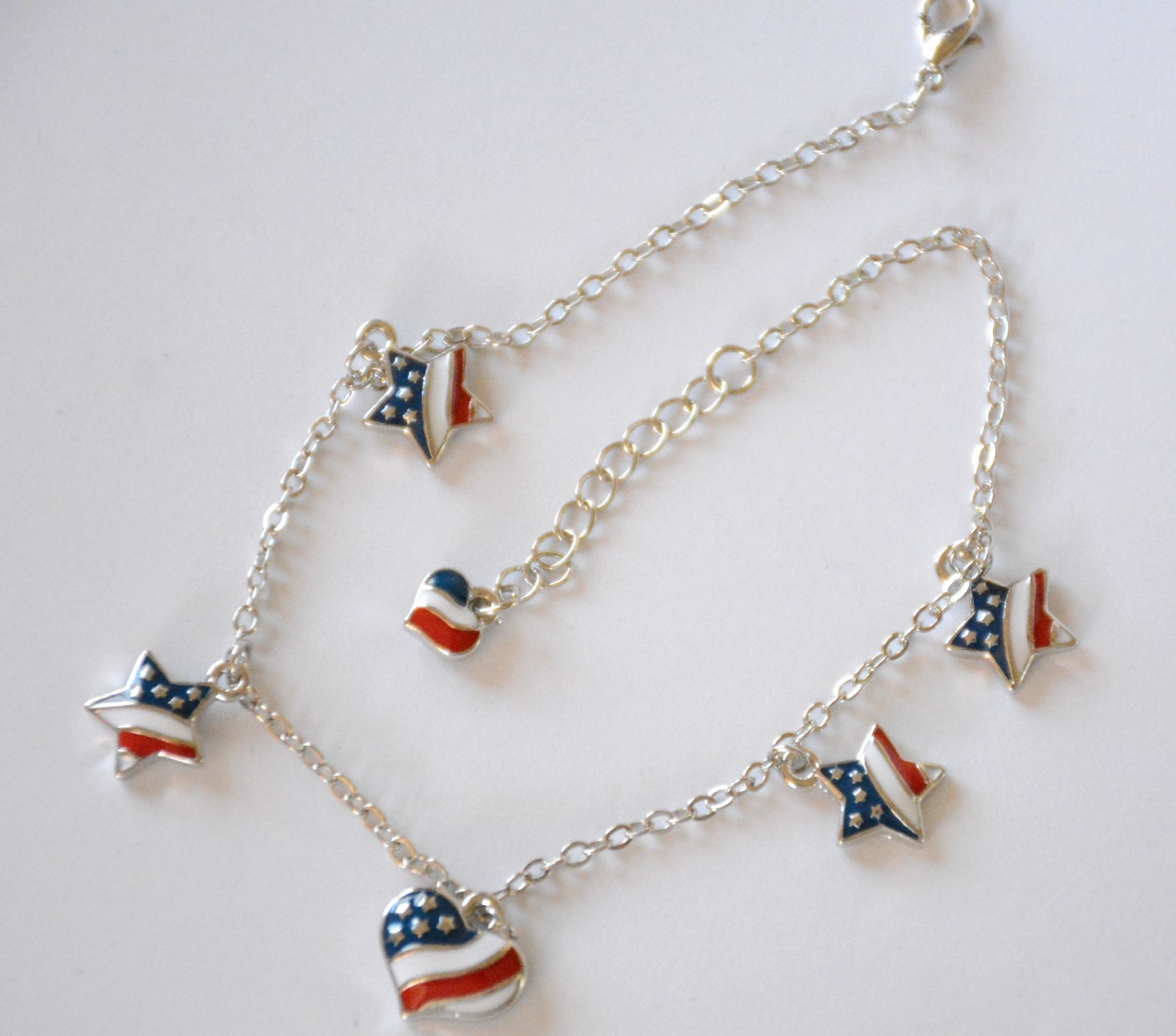 American Patriotic 8″ Anklet / Red ~ White & Blue Stars / Silver-tone / USA