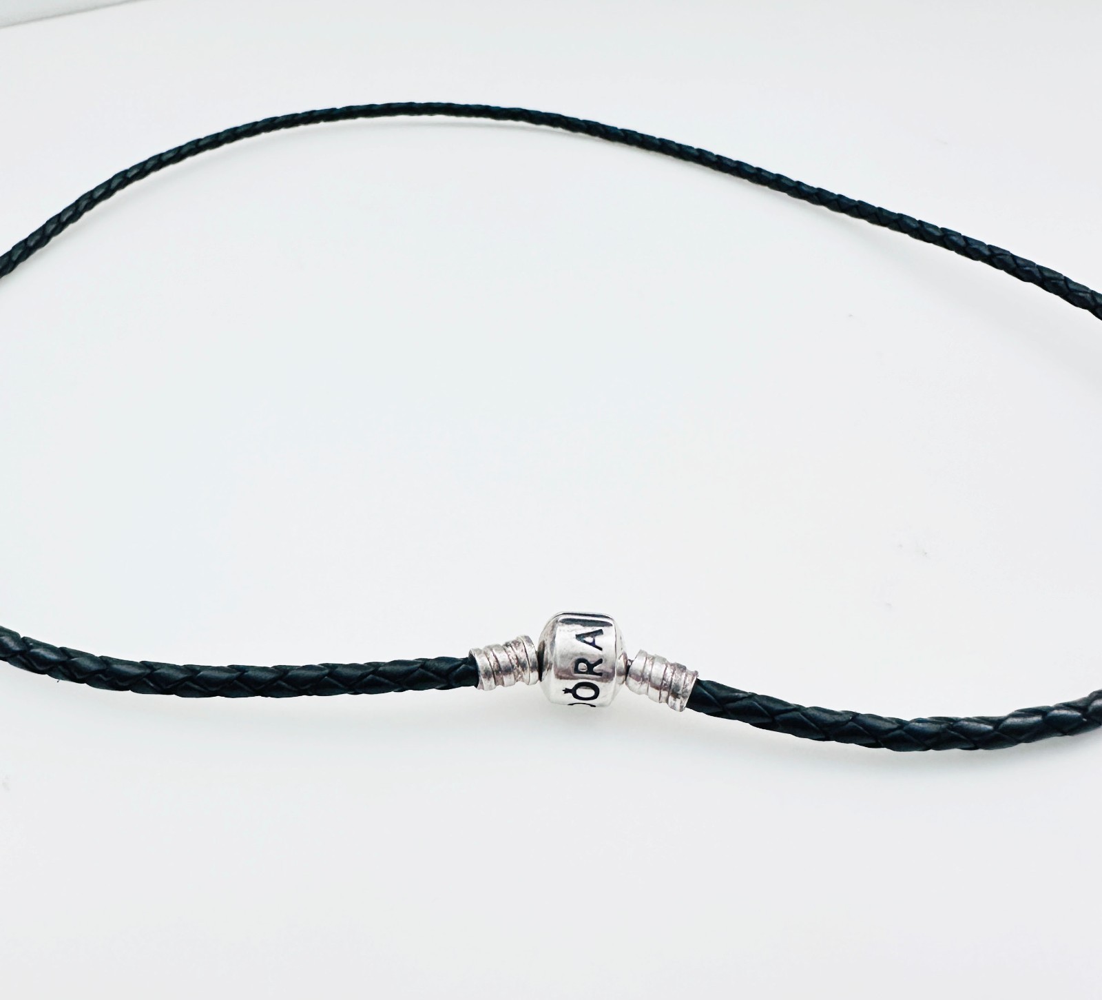 PANDORA 925 Sterling Silver Braided Leather Charm Necklace Black, 22″ (56cm)