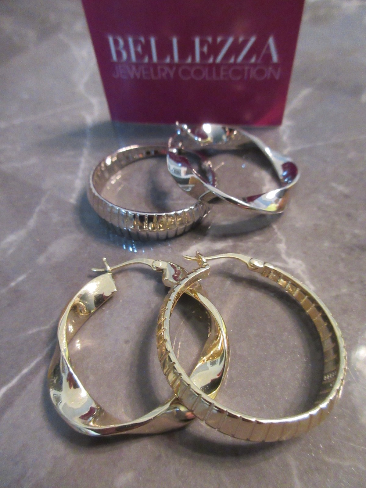 2 pr Bellezza DBJ 925 CN 1-1/4” Twist & Ridge Hoop Earrings Sterling & Yellow