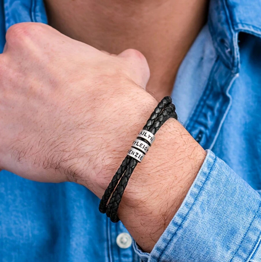Custom Name Men Bracelet Handmade Black Leather 1-10 Beads Adjustable Wristband