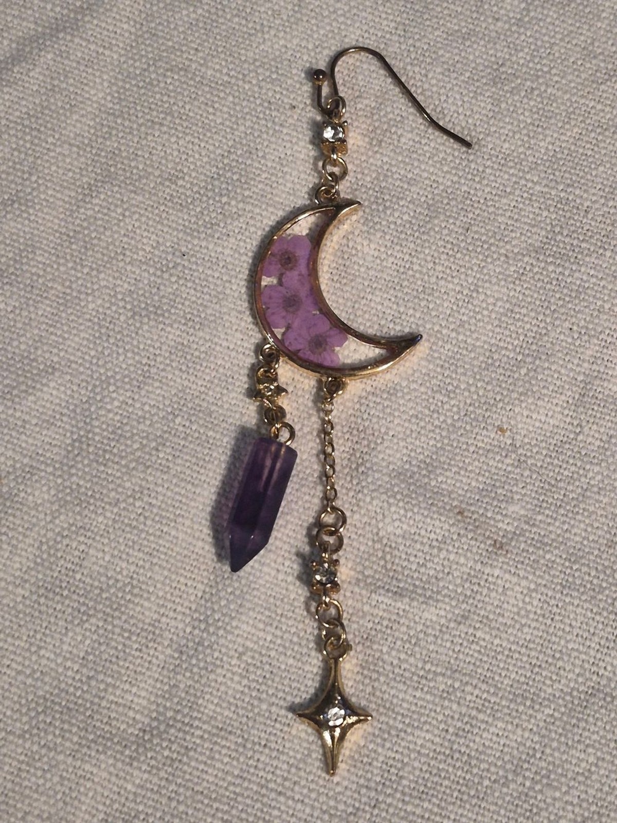 Gold Celestial Crescent Moon Resin Real Purple Flower and Faux Amethyst Crystal