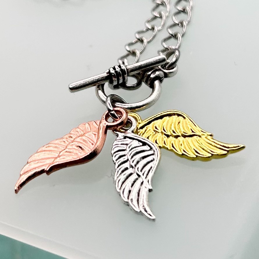 Mini Angel Wing Triple Pendant T-Bar Bracelet (Silver Chain) New Handmade