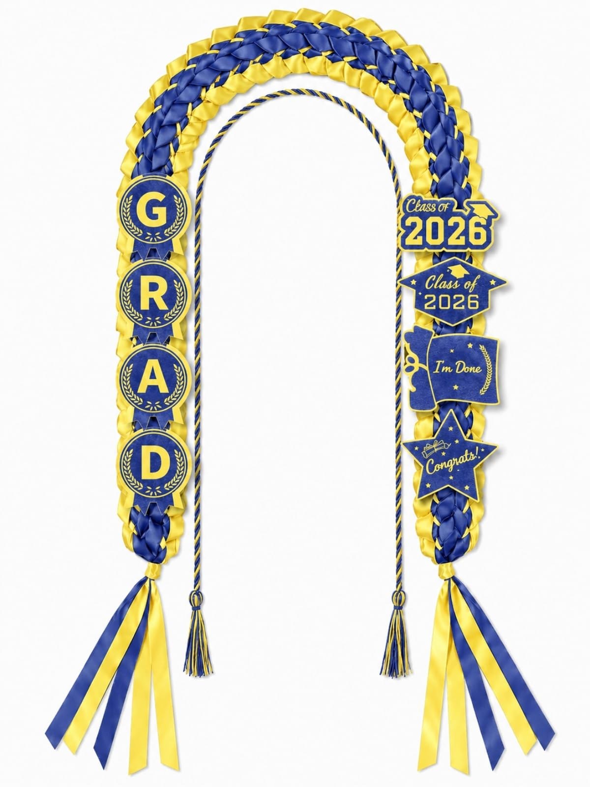 2026 Graduation Lei, 4-Braided Ribbon Lei with Honor Cord and 8 GRAD Patches …