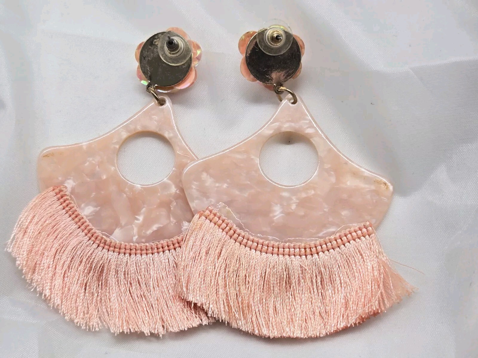 Dangle Floral Theme Tassle Earrings Beautiful Peach Pink Colors For Pierced Ears
