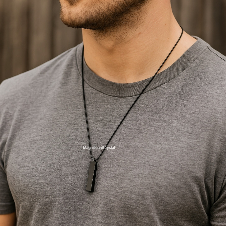 Black Obsidian Bar Pendant Amulet Necklace Men Women Protection Healing Jewelry
