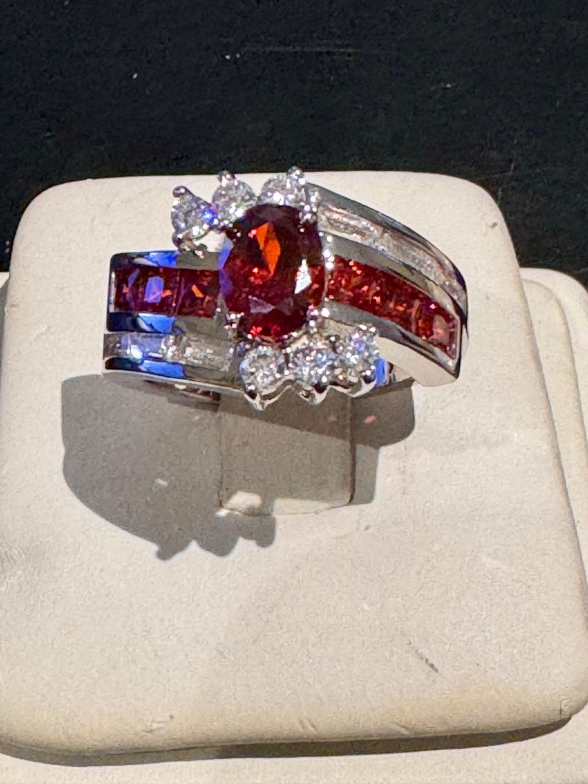 Unique Red Oval Statement Ring with Round Accents Size 9 Free Shipping