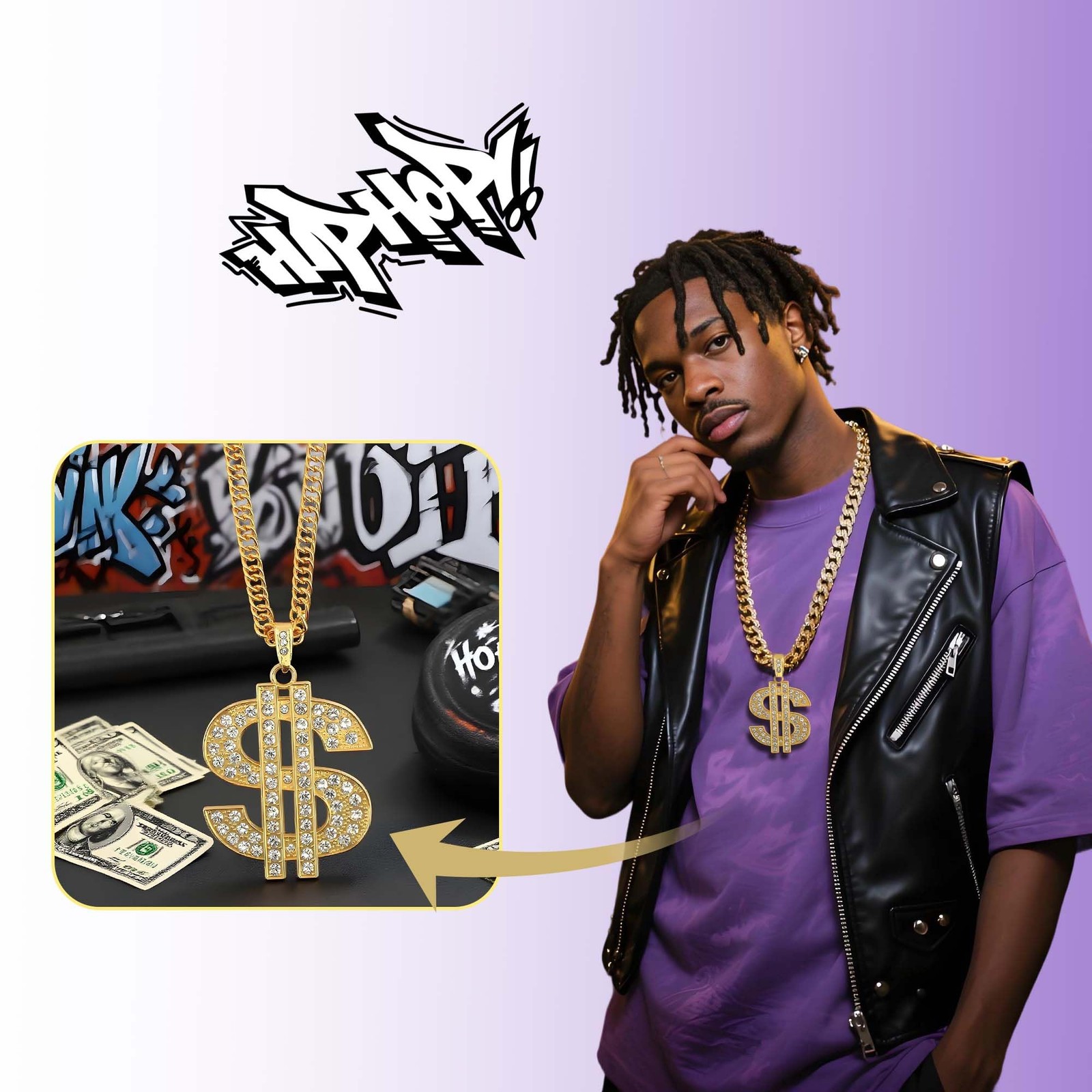 Money Chain Necklace Dollar Sign Chain Gold Dollar Sign Necklace Hip Hop Gold…