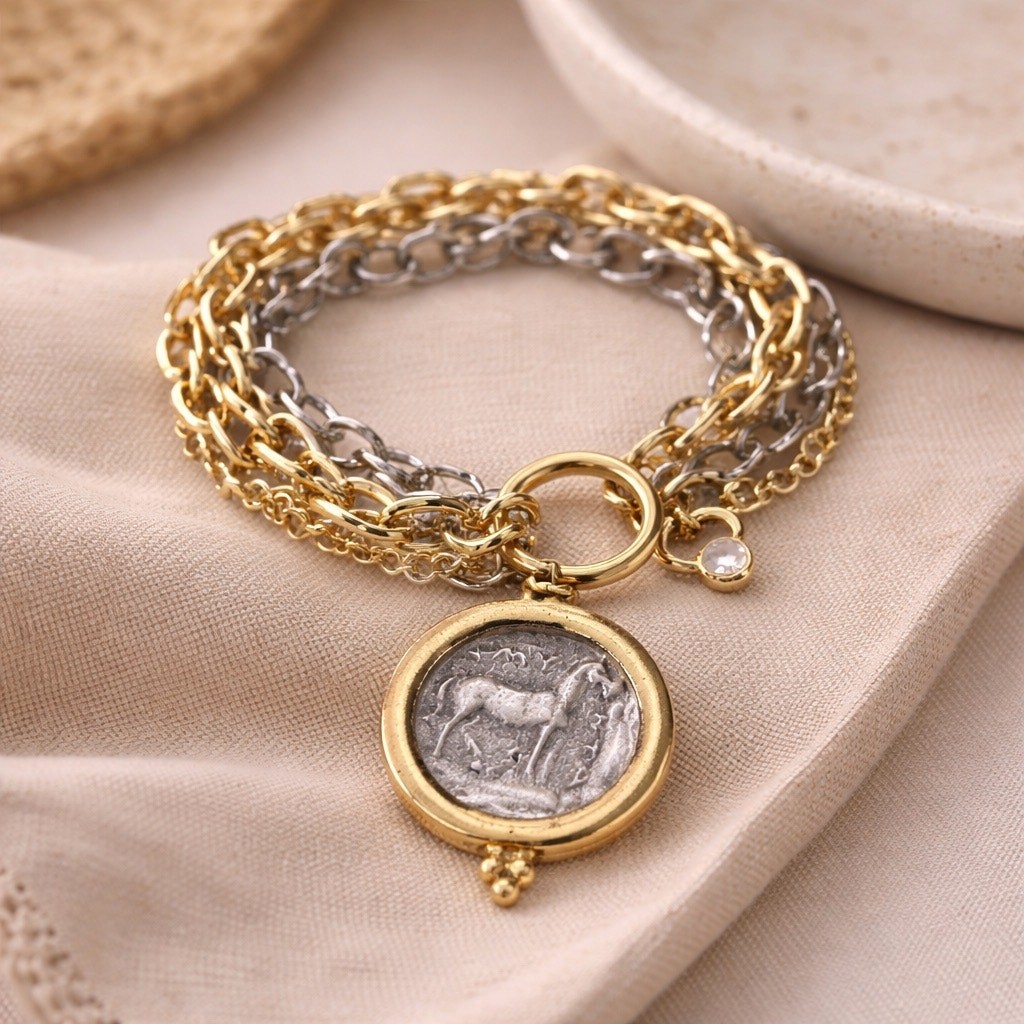 Triple Layer Greek Coin Bracelet, Horse Coin Charm, Mixed Metal Bracelet
