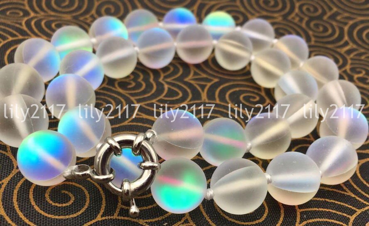6-12mm White Gleamy Rainbow Moonstone Round Gems Beads Necklace 16-36”