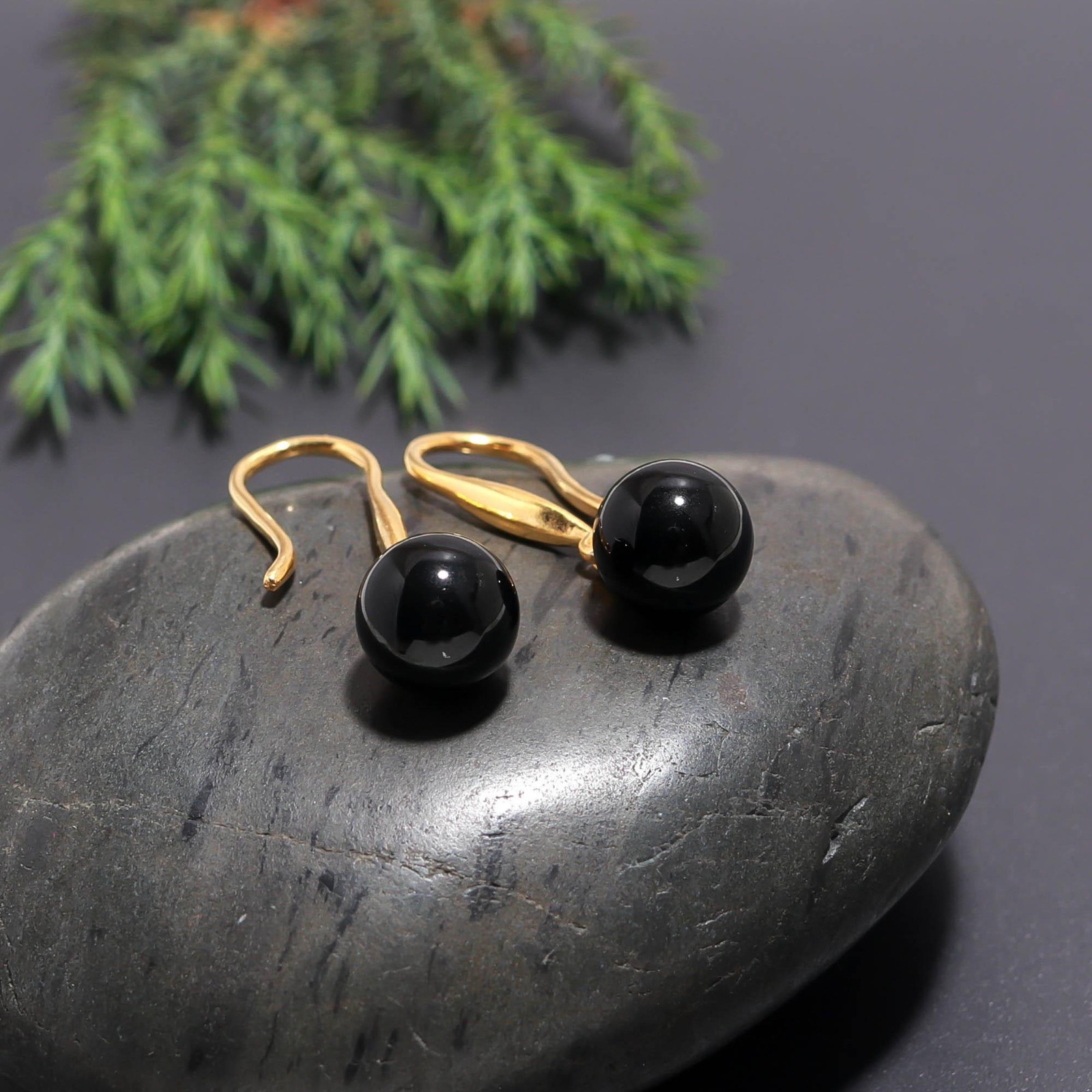 Natural Black Onyx Ball Dangle Earrings Gold Plated 925 Sterling Silver Jewelry