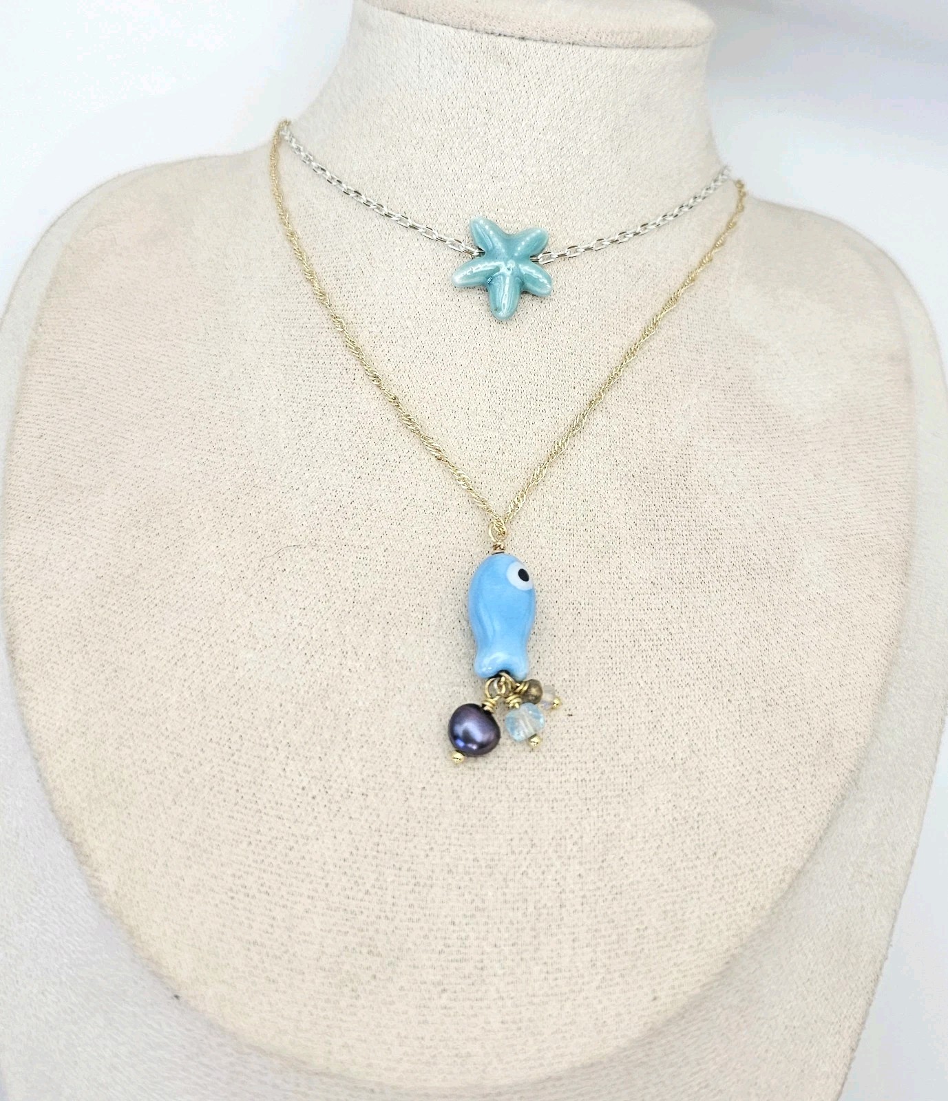 Beachy Fish Starfish Necklaces Handmade Genuine Gemstones Ceramic Jewelry Set