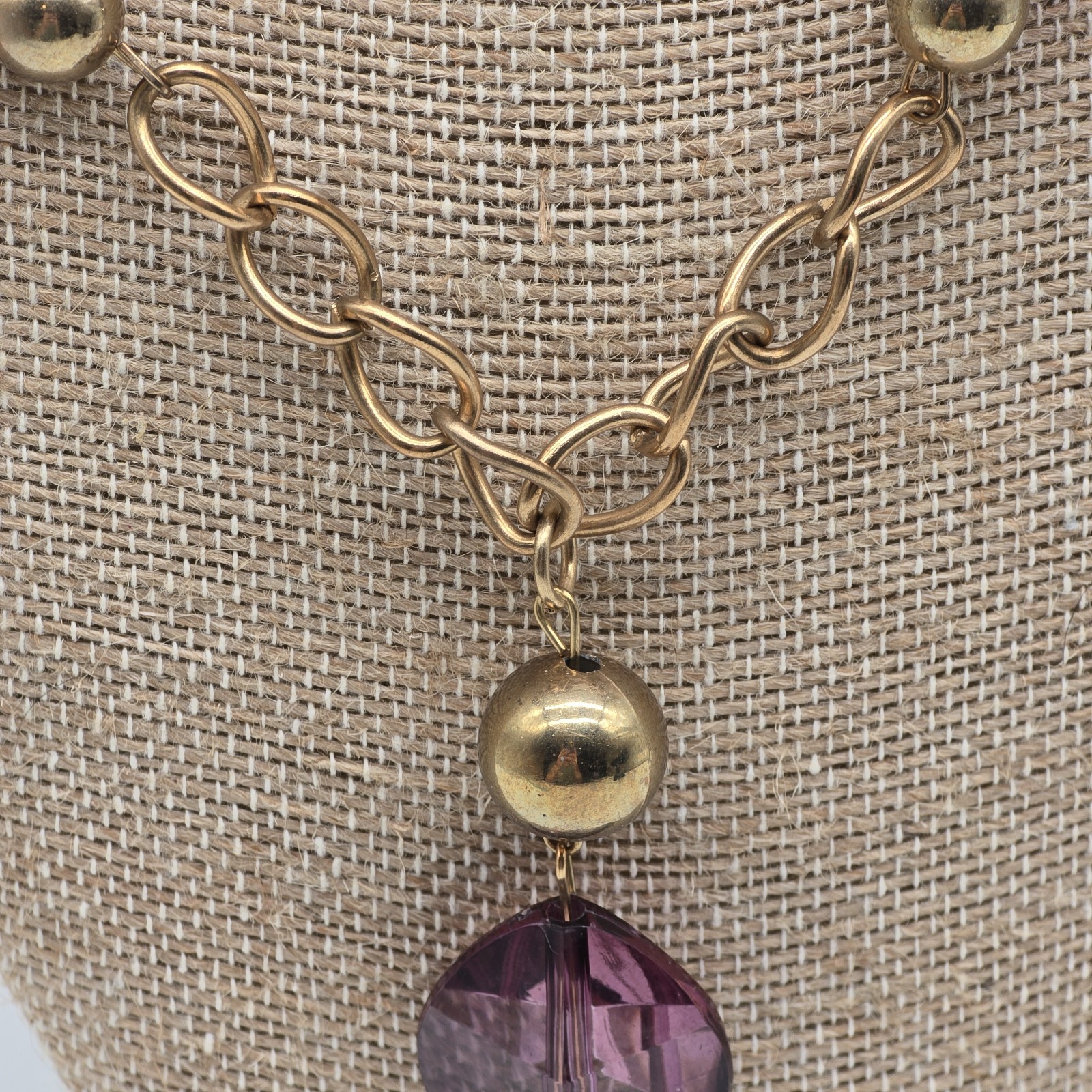 Purple Faceted Geometric Beaded Single Strand 36″ Necklace Gold Tone Chain Beads