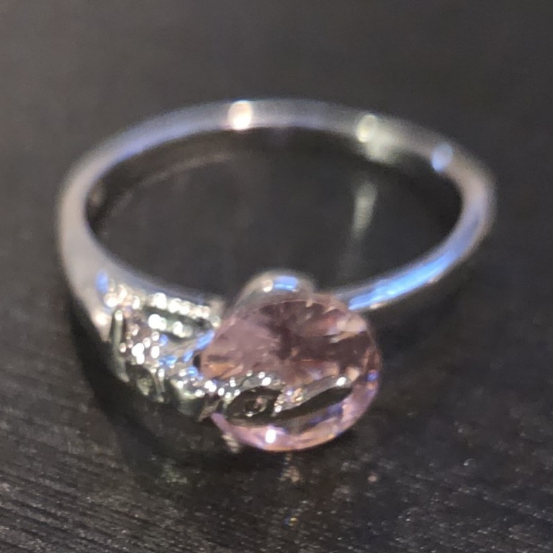 Silver 900 Heart Ring Size 8 Pink Crystal Stone w/ Clear Accent Stones