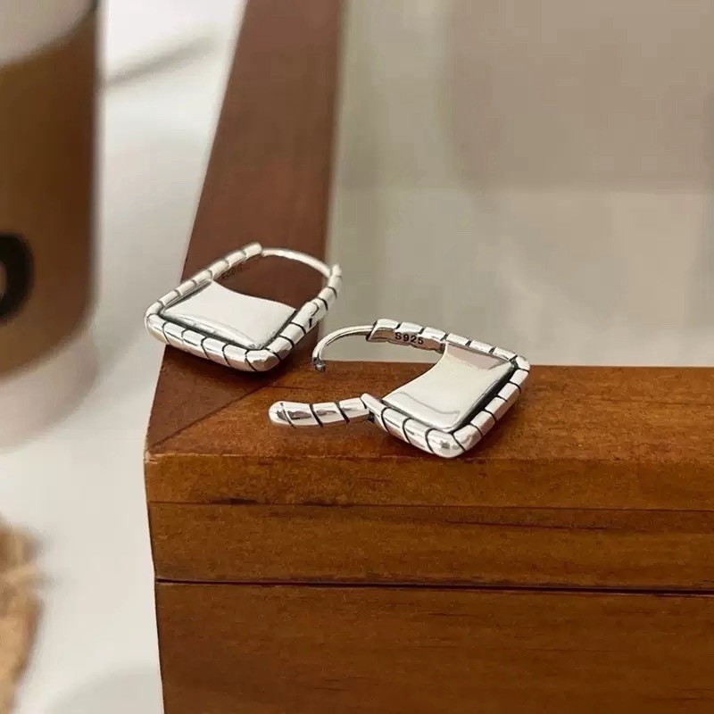 925 Sterling Silver Vintage Square handbag Earrings Geometric Huggie Hoops 394